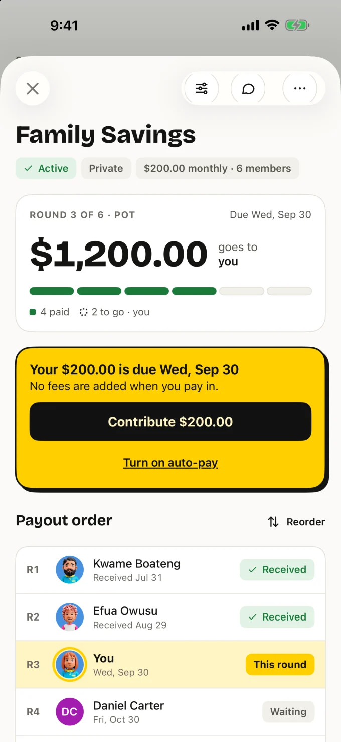 Family Savings circle showing a $1,200.00 pot for round 3 of 6, a Contribute $200.00 button and the payout order